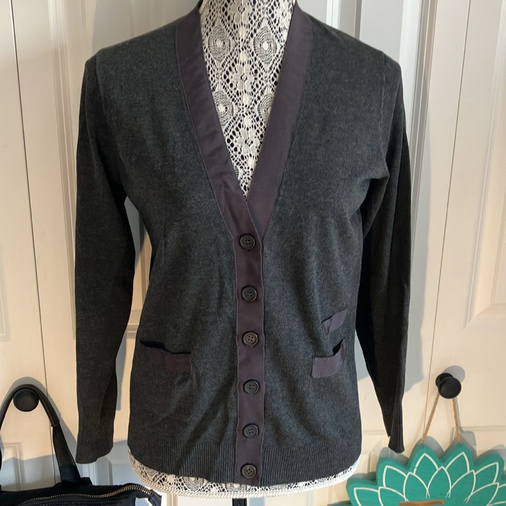 Lovely dark gray with contrasting gray trim button front cardigan